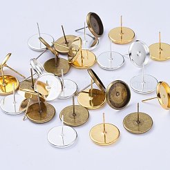 真鍮の耳のスタッドのセッティング  プラスチック製のピアスキャッチ/ピアスバックキャッチ付き  アンティークブロンズ＆ゴールド＆シルバーカラーメッキ  トレイ：12mm  12mm  ピン：0.7mm  30個/セット&nbsp;IFIN-YW0001-15