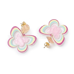 真鍮プリントのアクリル製バタフライダングルスタッドピアス  鉄製イヤーナット付き  ゴールドカラー  カラフル  36.5x33.5mm&nbsp;EJEW-JE06431-02