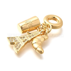 Brass Clear Cubic Zirconia Croissant & Cup & Eiffel Tower European Dangle Charms&nbsp;KK-U048-20G