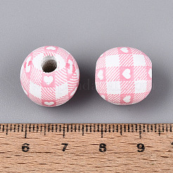 印刷されたシマウッドビーズ  ハート柄の丸  ピンク  14.5~15.5mm  穴：3~4.5mm&nbsp;WOOD-T033-05M