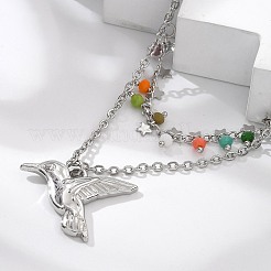 304ステンレススチールとカラフルなガラスビーズの二重層ネックレス  女性用鳥ペンダントネックレス  ステンレス鋼色  16.22インチ（41.2cm）&nbsp;NJEW-Z061-03P