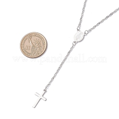 201 Stainless Steel Virgin Cross Pendant 304 Stainless Steel Singapore Chain Rosary Bead Necklaces for Women Men&nbsp;NJEW-JN05436