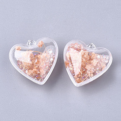 プラスチックチャーム  ドライフラワー＆ラインストーン入り  ハート  ライトサーモン  29x30x18mm  穴：1.8mm&nbsp;KY-T004-09B