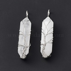 天然水晶銅線巻き尖ったペンダント  ファセット弾チャーム  プラチナ  49x14.5x11.5mm  穴：5mm&nbsp;G-F733-05G