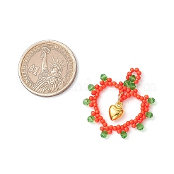 ガラスシードビーズハートペンダント  金合金のハートチャーム付き  レッド  31x29x4mm  穴：1.5x2mm&nbsp;PALLOY-MZ00588-03