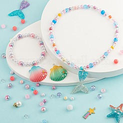 Diyの人魚のテーマジュエリー作成キット  ヒトデ＆ユニコーン＆レインボーレジン/アロイ/アクリルパーツ20個  380個のABSプラスチックとアクリルの丸いビーズ  弾性水晶の線とステンレス鋼のはさみ  ミックスカラー  ペンダント：20ピース/セット&nbsp;DIY-FS0001-57