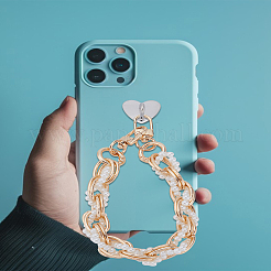 携帯電話ケースの装飾用アルミリンクチェーン  ABSプラスチック模造真珠と亜鉛合金の携帯電話ハートホルダースタンド付き  ゴールドカラー  290x15mm&nbsp;AJEW-LP0005-20G