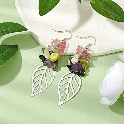 Leaf 201 Stainless Steel Natural Amethyst & Natural Lemon Jade & Natural Tourmaline & Synthetic Cherry Quartz Chip Dangle Earrings&nbsp;EJEW-JE06138-04