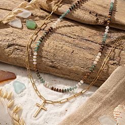 Stainless Steel Religion Cross Pendant Colorful Natural Mixed Gemstone Rondelle Beaded Double Layer Necklaces for Women&nbsp;KG2971