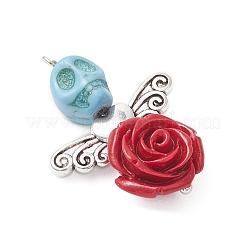 Dyed Synthetic Turquoise Skull & Resin Rose Flower Pendants&nbsp;PALLOY-TA00295