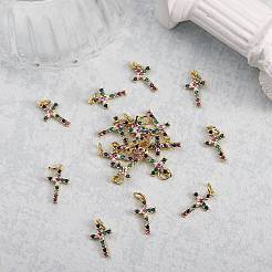 20本真鍮マイクロパヴェカラフルキュービックジルコニアペンダント  クロス  ゴールドカラー  16x9x2mm  穴：3mm&nbsp;ZIRC-SZ0001-82