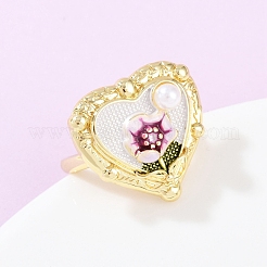 真鍮の花柄ホワイトエナメルフラワーカフリング  アブソリュートプラスチック模造パール  18KGP本金メッキ  ラックめっき  長持ちメッキ  カドミウムフリー＆鉛フリー  ハート  内径: 調節可能  ハート：20x21.5mm&nbsp;RJEW-C139-18B-G
