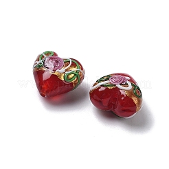 手作りの金箔ガラスビーズ  手描きのビーズ  バラの花とハート  エナメル  レッド  16.5x16.5~17x10.5~11mm  穴：1.6mm&nbsp;LAMP-K039-43
