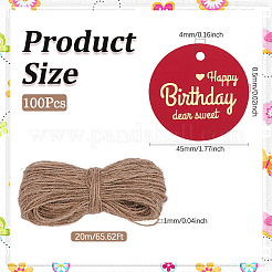 フラットラウンドゴールドワード「Happy Birthday Dear」スイートハンギングタグ100個  ギフトタグ  20mのジュートコード付き  レッド  タグ：45x0.5mm  穴：4mm&nbsp;DIY-SP0003-87C