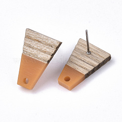 レジン＆シダーウッドスタッドピアスのパーツ  304ステンレスピン付き  台形  サンゴ  18x12.5mm  穴：1.8mm  ピン：0.7mm&nbsp;MAK-N032-001A-C01