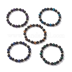 Round Natural Tiger Eye & Eyeless Obsidian & Non-Magnetic Synthetic Hematite Beads Stretch Bracelets for Women&nbsp;BJEW-JB12762