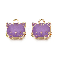 環境に優しい亜鉛合金ペンダント  エナメル  猫の形  カドミウムフリー＆ニッケルフリー＆鉛フリー  ゴールドカラー  紫色のメディア  15x13x3mm  穴：2mm&nbsp;LS-ENAM-R051-01-07G-NR