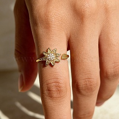 女性用真鍮マイクロパヴェキュービックジルコニアカフオープンリング  花  ゴールドカラー  10.5mm  内径：17mm&nbsp;RJEW-K261-12G