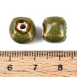ヴィンテージの手作り磁器ビーズ  ファンシーアンティーク施釉磁器  キューブ  オリーブドラブ  10~11x10~11x9.5~10.5mm  穴：1.8~2mm&nbsp;PORC-N013-18-11