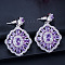 Brass Micro Pave Cubic Zirconia Dangle Stud Earrings, Rhombus, Platinum, Violet, 36x23mm
