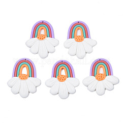 Handmade Polymer Clay Pendants, Rainbow & April Daisy, White, 41~42x34~37x4~6mm, Hole: 1.8mm