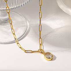 304 Stainless Steel Pave Clear Cubic Zirconia Oval Pendant Paperclip Chain Necklaces for Women&nbsp;WG80EE0-01