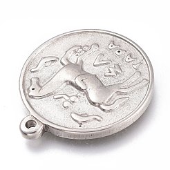 変色しない304ステンレススチールペンダント  馬とフラットラウンド  ステンレス鋼色  21x18x2mm  穴：1mm&nbsp;STAS-Z017-03P