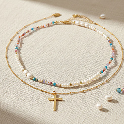 304 Stainless Steel Cross Pendant Paux Pearl & Glass & Natural Mixed Stone Beaded Double Layer Necklaces for Women&nbsp;RM5480