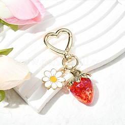 アクリル製イチゴペンダント装飾  合金エナメルの花とハートの回転スナップフック留め金チャーム  ファイヤーブリック  70mm&nbsp;HJEW-SW00120-01