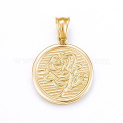 304ステンレスペンダント  花付きフラットラウンド  ゴールドカラー  29x25x2mm  穴：9x5mm&nbsp;STAS-H463-06G