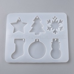 クリスマスシリコンペンダント型  レジン型  UVレジンDIY用  エポキシ樹脂ジュエリー作り  スター  chrismtasツリー  スノーフレーク  靴下  雪だるま  鐘  ホワイト  245x202x15mm  穴：5mm&nbsp;DIY-Z005-11