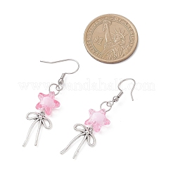 蝶結びの花のアクリルガラスのダングルイヤリング  304ステンレススチールピアスフック付き  プラチナ  ミックスカラー  53x13mm&nbsp;EJEW-JE06794