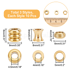30個 3スタイル ステンレススチール ヨーロピアンビーズ  大穴ビーズ  列と紋章  ゴールドカラー  8~9x4~8mm  穴：4~5mm  10個/スタイル&nbsp;STAS-UN0039-78