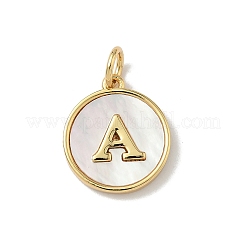 Brass Pave Natural Shell Flat Round with Letter A~Z Charms&nbsp;KK-Z115-13G