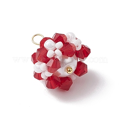 ガラスチャーム  花  ガラスシードビーズと真鍮ループ付き  多面カット  レッド  17.5x16mm  穴：2.3mm&nbsp;PALLOY-MZ00673-02