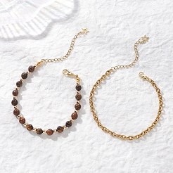 2Pcs 2 Styles Round Natural Grade AB Tiger Eye & Synthetic Hematite Beaded Bracelets & 304 Stainless Steel Cable Chains Bracelets for Women&nbsp;BJEW-JB12800-01