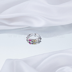 カラフルなラインストーンオープンカフリング1個  女性のためのシルバー真鍮ジュエリー  ハート  内径：16.8mm&nbsp;RJEW-LP0002-08