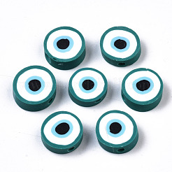 手作り樹脂粘土ビーズ  ナザールボンジュウ付きフラットラウンド  ミックスカラー  10.5~12.5x3.5~4.5mm  穴：1.5mm&nbsp;X-CLAY-ZX006-07