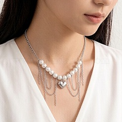 Imitation Pearl Round Beaded Alloy Heart Chain Tassel Bib Necklaces for Women&nbsp;WG3C231-01