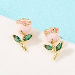 Valentine's Day Flower Brass Micro Pave Clear Cubic Zirconia Stud Earrings&nbsp;EJEW-T051-01G