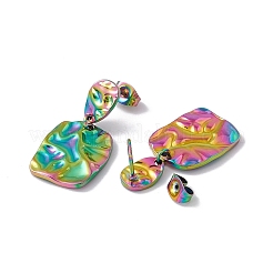 イオンプレーティング（IP）304ステンレススチールツイスト長方形ダングルスタッドピアス女性用  虹色  30mm  ピン：0.6mm&nbsp;EJEW-E199-16M