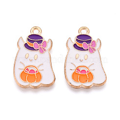 ライトゴールドトーン合金エナメルチャーム  カドミウムフリー＆鉛フリー  ハロウィン  カボチャと幽霊  ホワイト  25x15.6x1.1mm  穴：1.5mm&nbsp;ENAM-T018-04