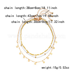 夏のビーチ合金コインタッセルガラスシードビーズ3層ネックレス（女性用）  ゴールドカラー  14.17インチ(36cm)+80mm&nbsp;FS-WGF3BD7-03