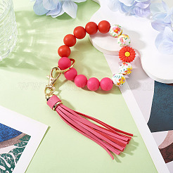 Silicone Round Beads & Imitation Leather Tassel Keychains&nbsp;HJEW-TAC0135