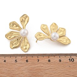 真鍮の花のスタッドピアス  ABSの模造パールと  鉛フリー＆カドミウムフリー  長持ちメッキ  ラックめっき  左右  18KGP本金メッキ  35.5x23mm&nbsp;EJEW-R016-05G