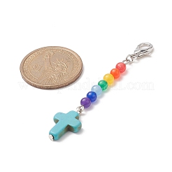Synthetic Turquoise Cross with Natural Dyed Malaysia Jade Round Beaded Pendant Decoration&nbsp;HJEW-JM00940
