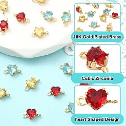 15Pcs 3 Colors Brass Pave Cubic Zirconia Heart Connector Charms&nbsp;KK-YW0004-66