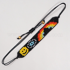 笑顔と虹の模様のミユキシードビーズブレスレット（女性用）  調整可能ナイロンコードビーズ編みブレスレット  カラフル  11インチ（28cm）&nbsp;BJEW-C011-46