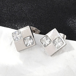 304ステンレススチールマイクロパヴェクリアキュービックジルコニアスタッドピアス  菱形  ステンレス鋼色  13x13mm&nbsp;EJEW-Z089-25P