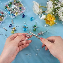 DIYファセットビーズイヤリング作成キット  合金とガラスビーズを含む  鉄のイヤリングのフックとピン  ミックスカラー  98個/箱&nbsp;DIY-SZ0007-70
